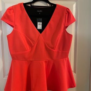 City chic, coral, cap sleeves, peplum career top.